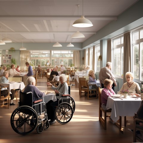 Bright and airy common eating area in a elder care facility, with many windows allowing the sun to shine in while residents are eating and visiting