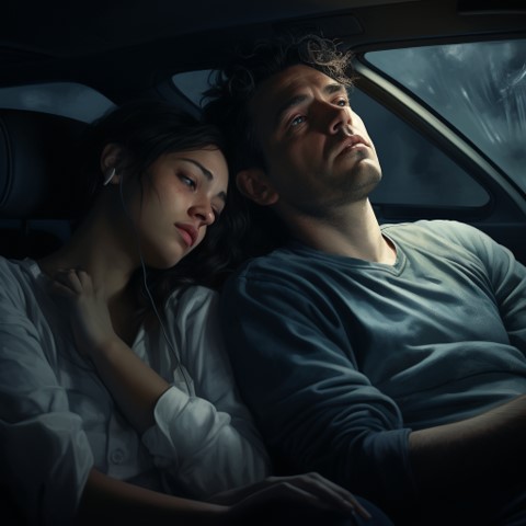 Young couple, exhausted, leaning against each other while sitting in the front seat of a car while it rains outside
