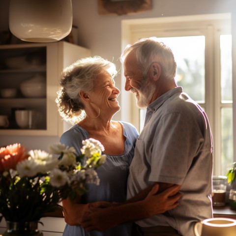Elderly couple, hugging in the kitchen, smiling and looking at each other in a loving manner