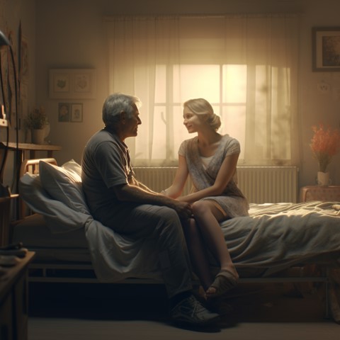 Elderly man sitting on a bed with a female family member, likely his daughter