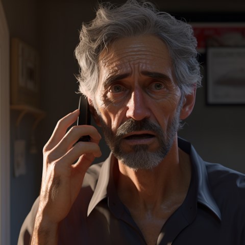 An upper body view of an elderly man, conversing on the phone, with a concerned facial expression